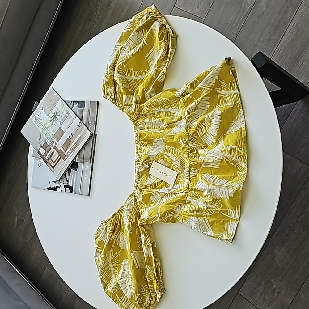 NWT Sim & Sam Puff Sleeve Chartruese Leaf Crop Blouse, size XL